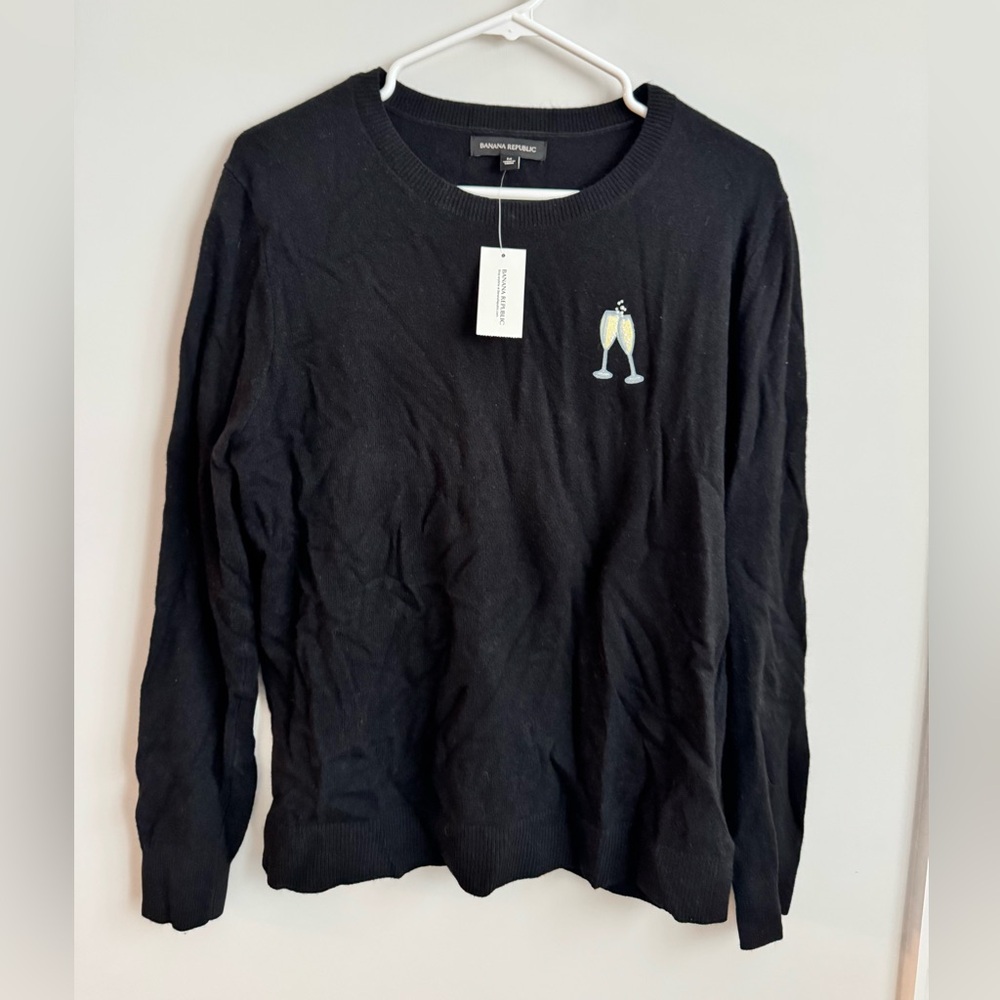 Banana Republic Black Crewneck Sweater with Champagne Glass Embroidery